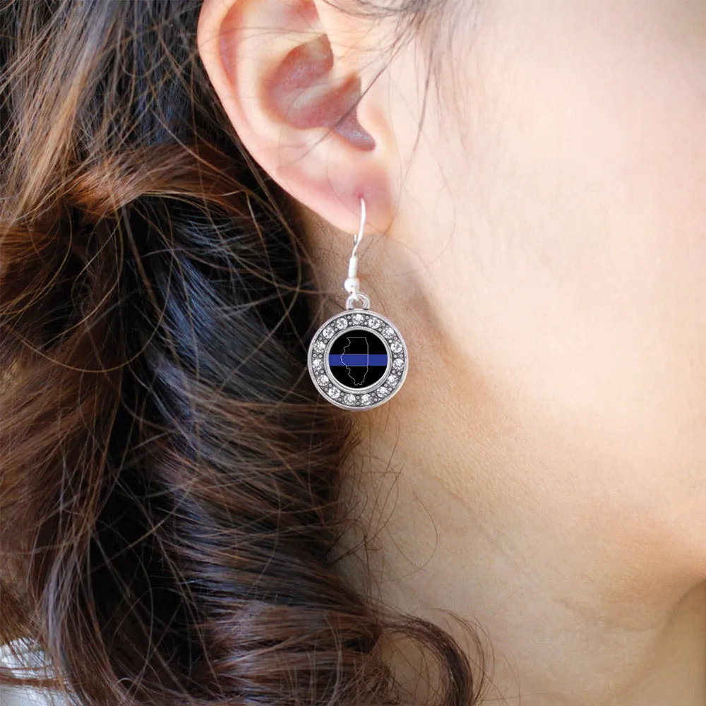 Silver Illinois Thin Blue Line Circle Charm Dangle Earrings