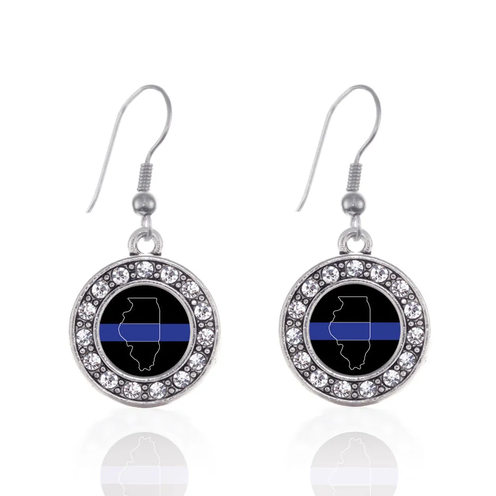 Silver Illinois Thin Blue Line Circle Charm Dangle Earrings