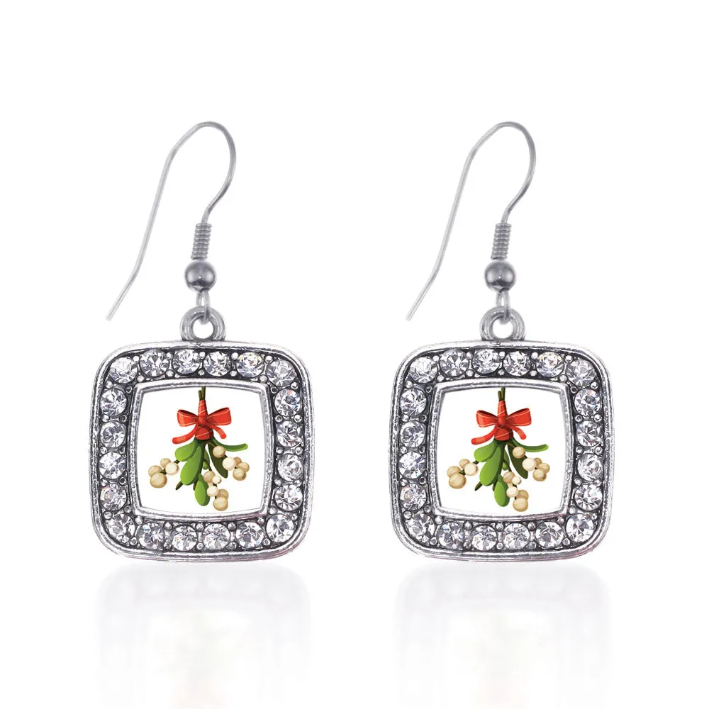 Silver Mistletoe Square Charm Dangle Earrings