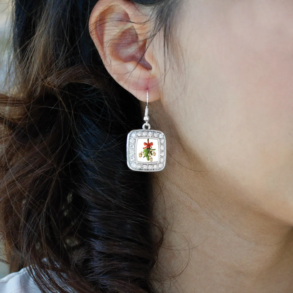 Silver Mistletoe Square Charm Dangle Earrings