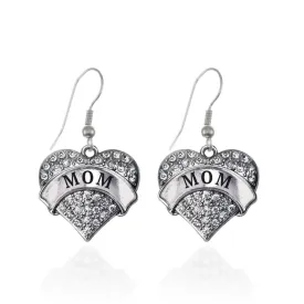 Silver Mom Pave Heart Charm Dangle Earrings