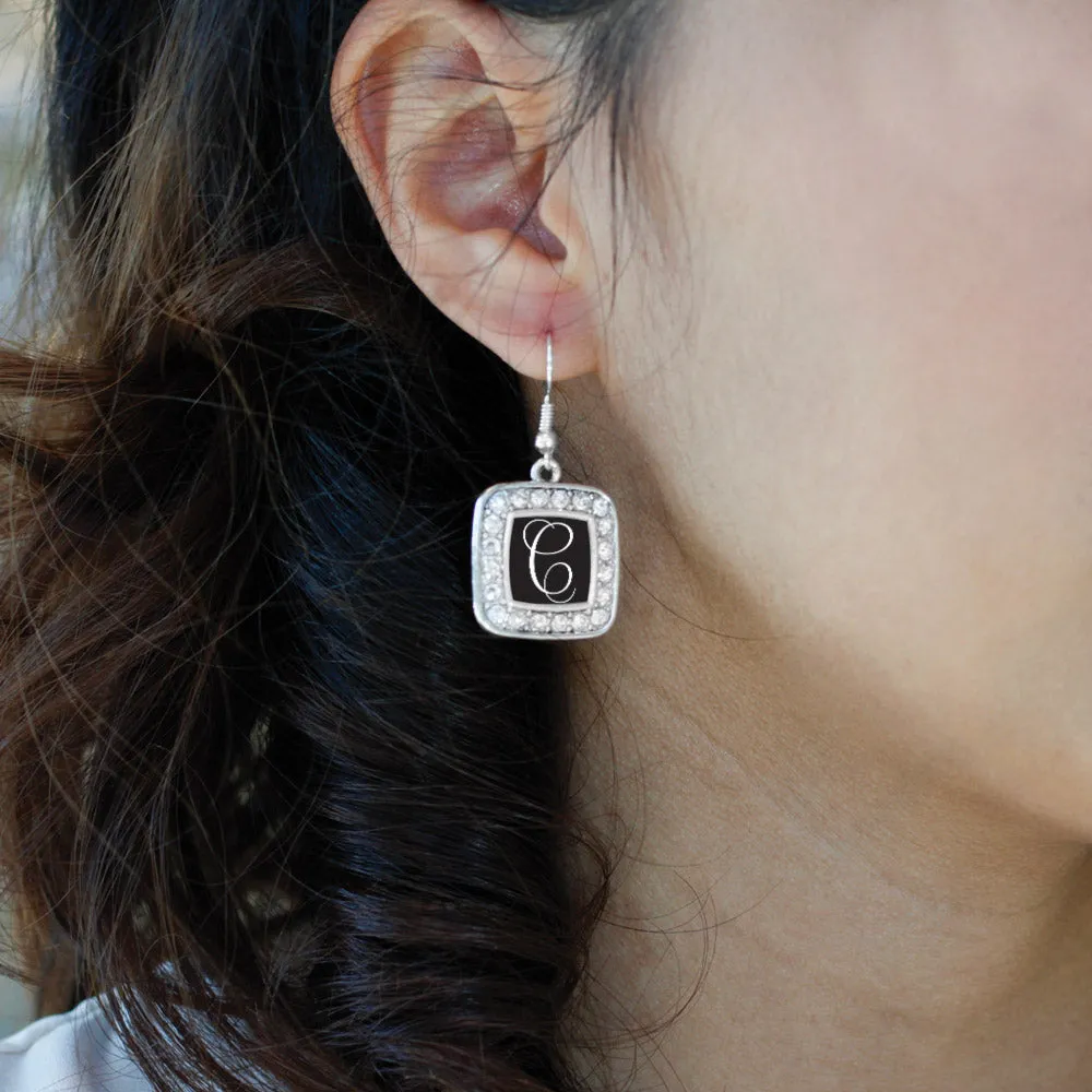 Silver My Script Initials - Letter C Square Charm Dangle Earrings