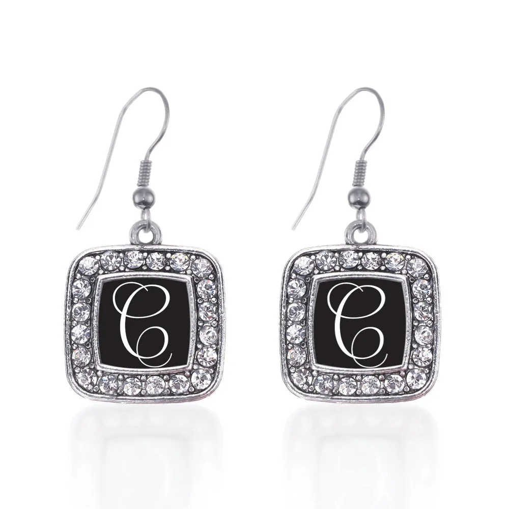 Silver My Script Initials - Letter C Square Charm Dangle Earrings