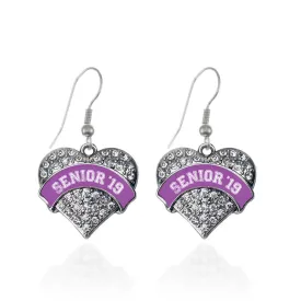 Silver Purple Senior 2019 Pave Heart Charm Dangle Earrings