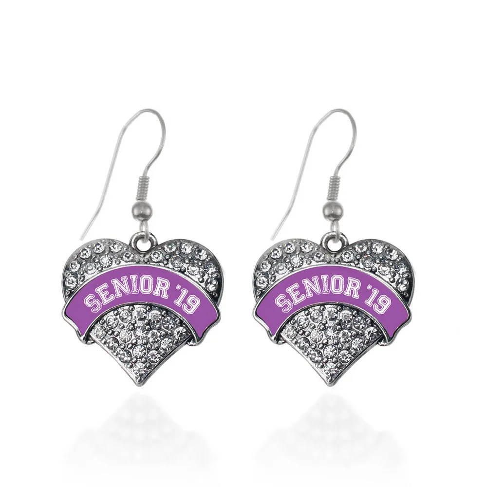 Silver Purple Senior 2019 Pave Heart Charm Dangle Earrings
