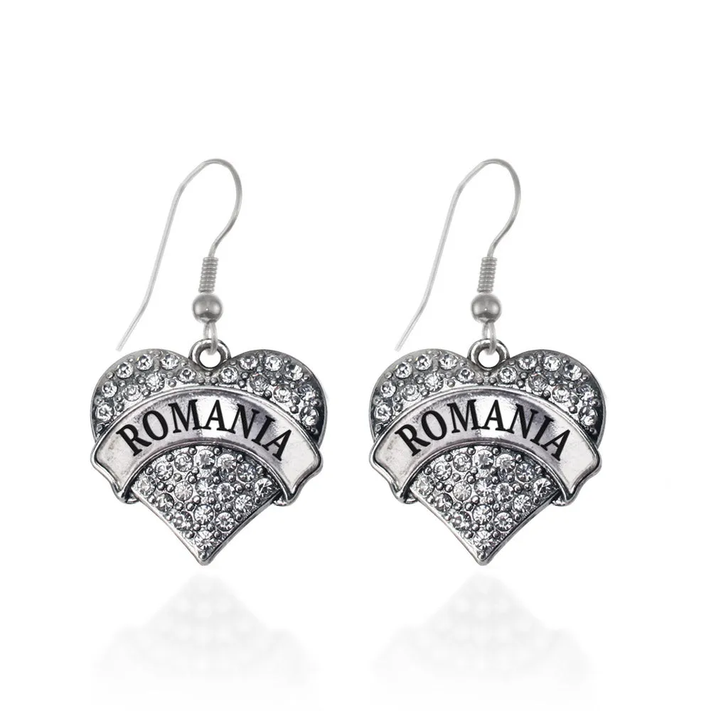 Silver Romania Pave Heart Charm Dangle Earrings