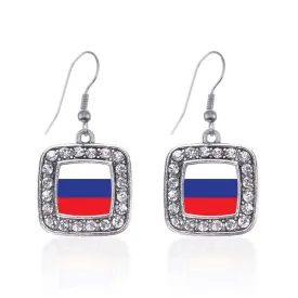 Silver Russia Flag Square Charm Dangle Earrings