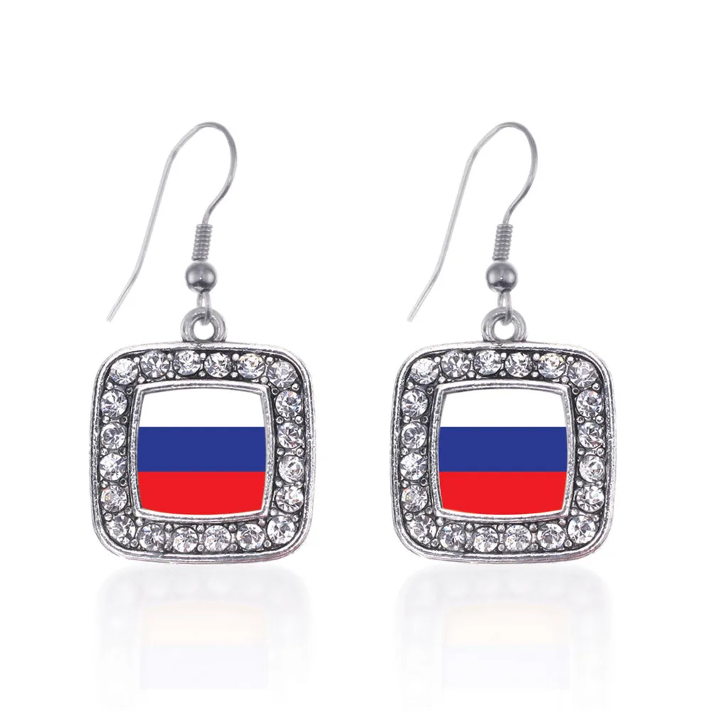 Silver Russia Flag Square Charm Dangle Earrings