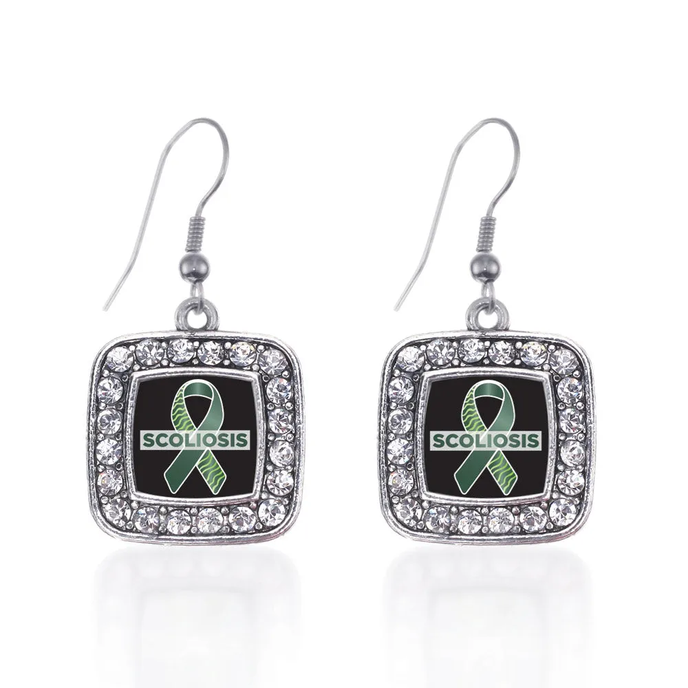 Silver Scoliosis Support and Awareness Square Charm Dangle Earrings