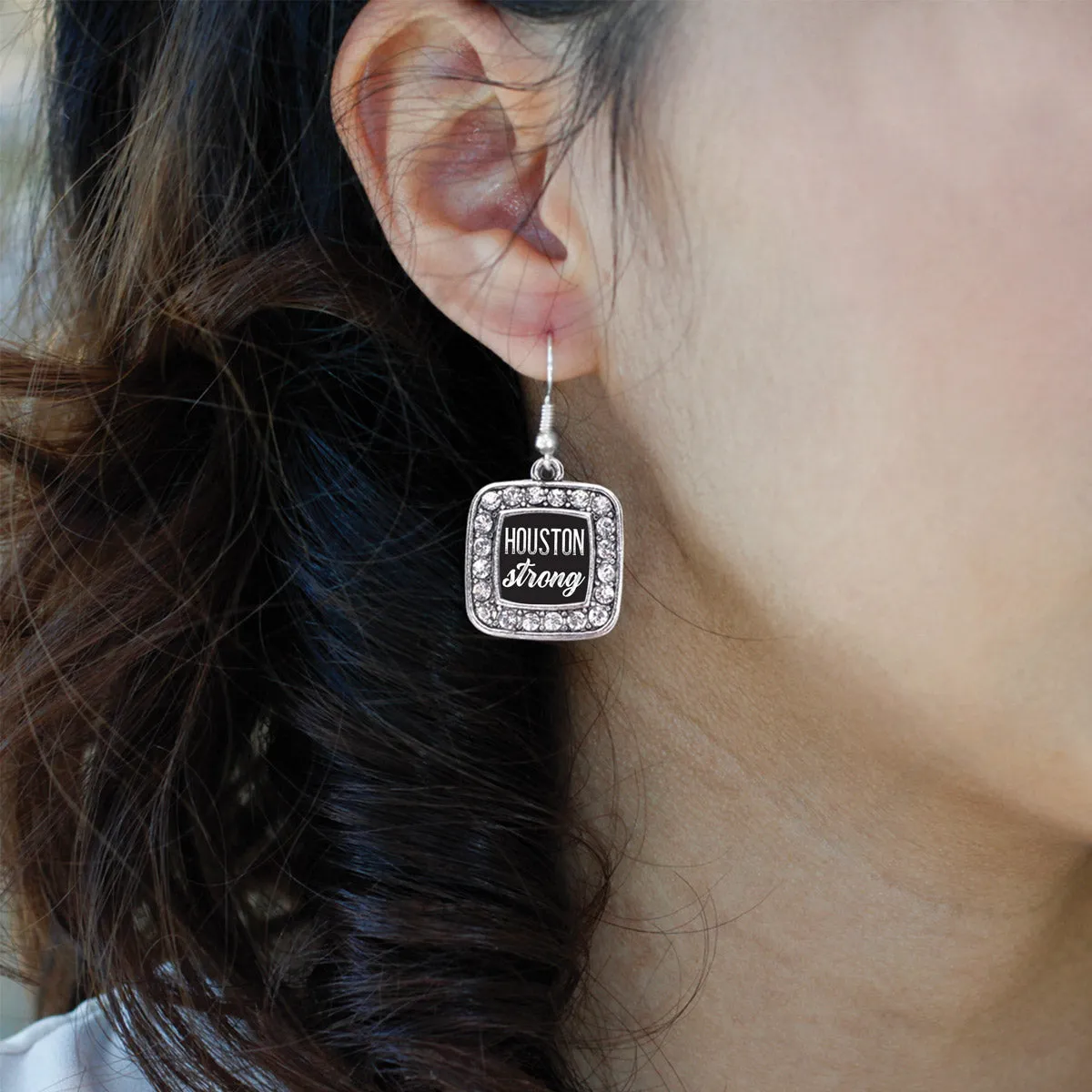 Silver Script Houston Strong Square Charm Dangle Earrings