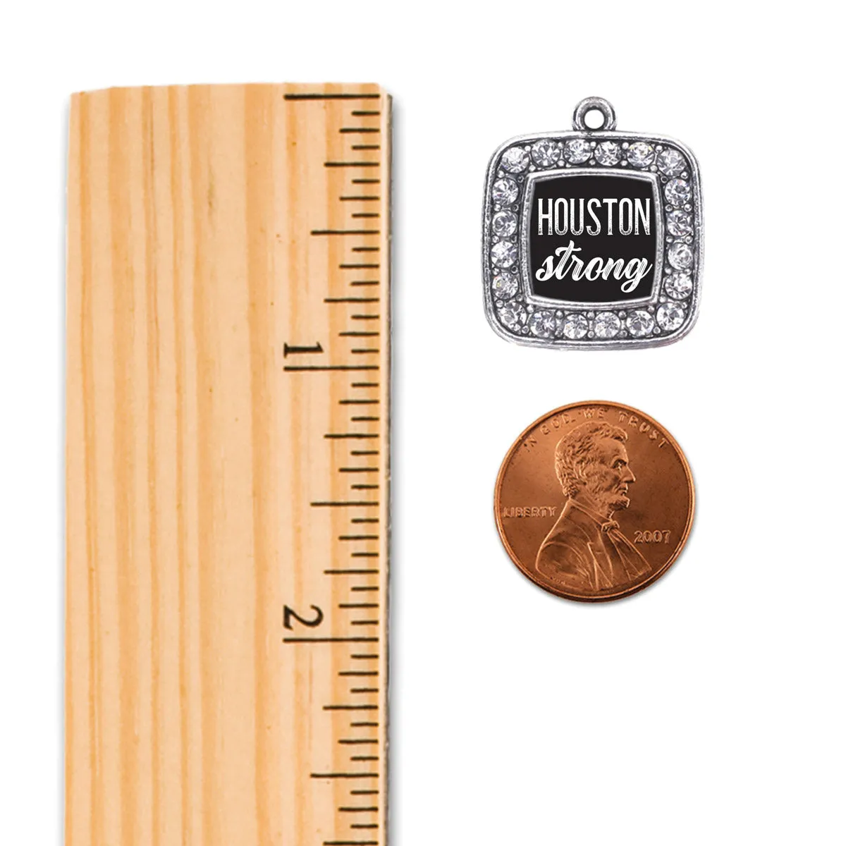 Silver Script Houston Strong Square Charm Dangle Earrings