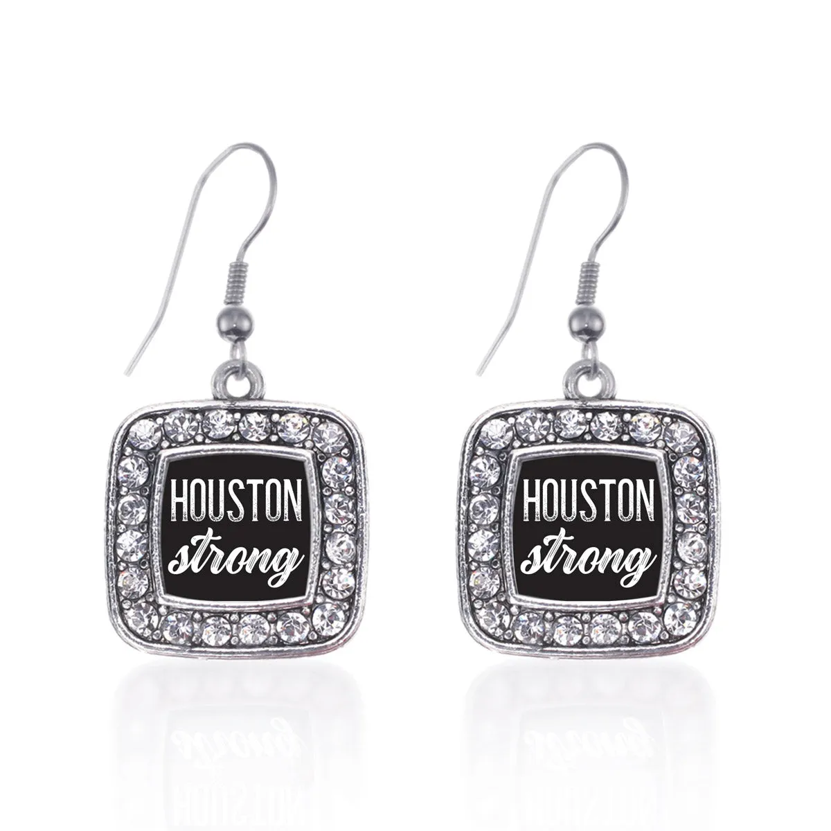 Silver Script Houston Strong Square Charm Dangle Earrings