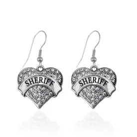 Silver Sheriff Pave Heart Charm Dangle Earrings