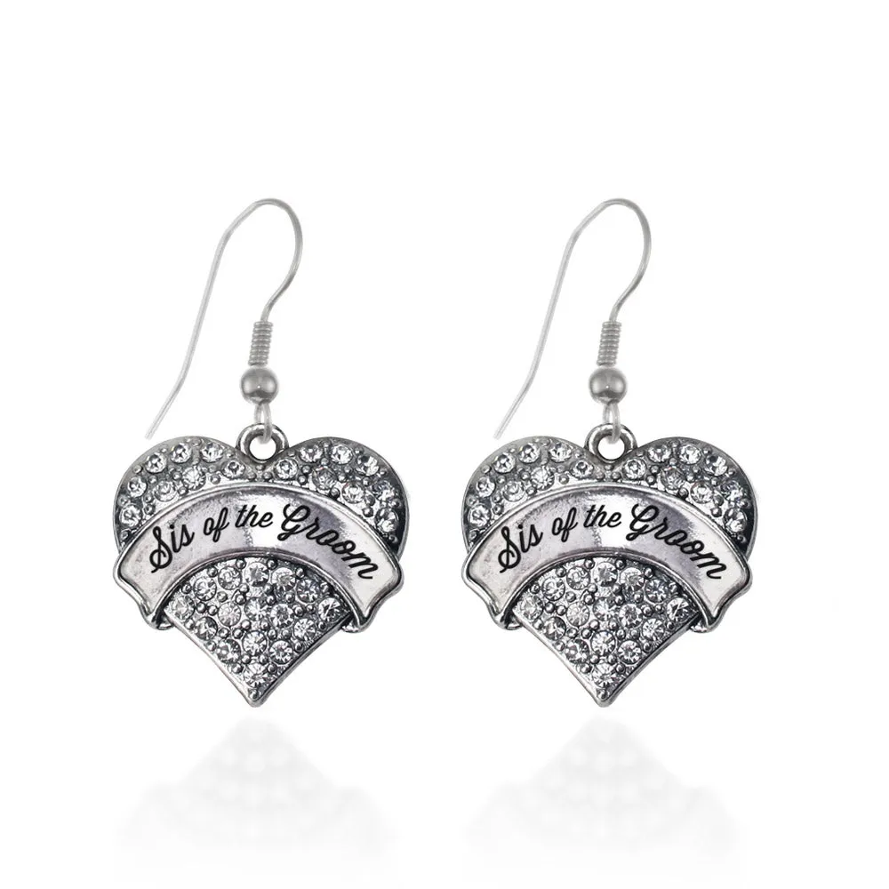 Silver Sis of the Groom Pave Heart Charm Dangle Earrings