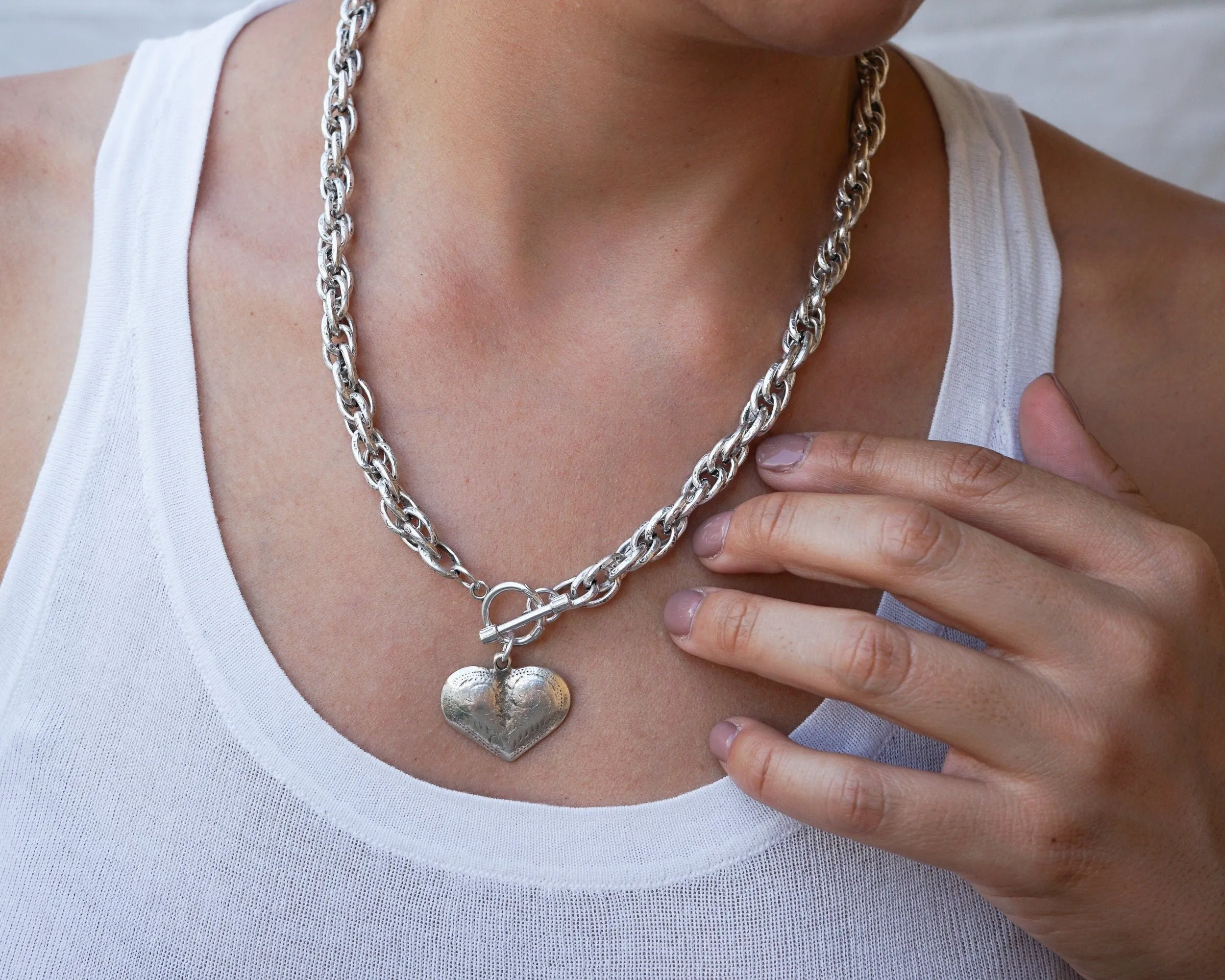 Silver Statement Necklace with Front Toggle Clasp  Engraved Heart Pendant