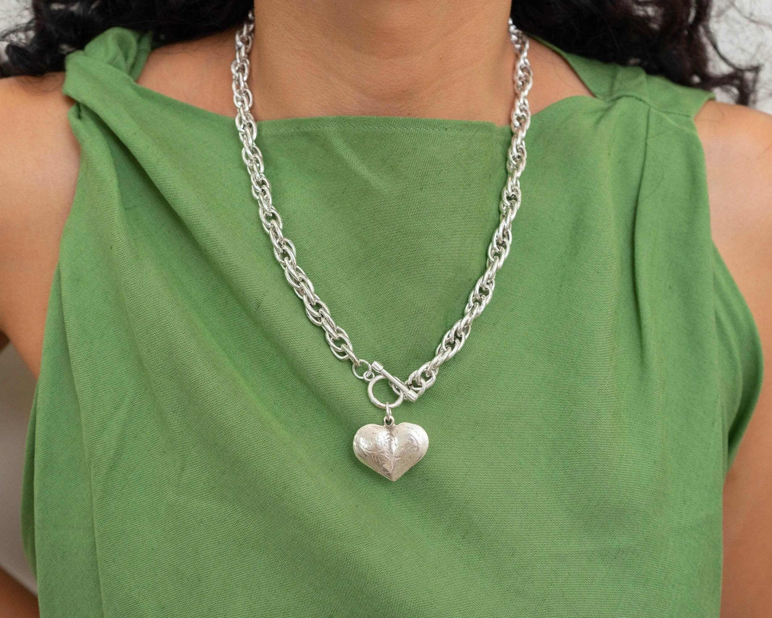 Silver Statement Necklace with Front Toggle Clasp  Engraved Heart Pendant