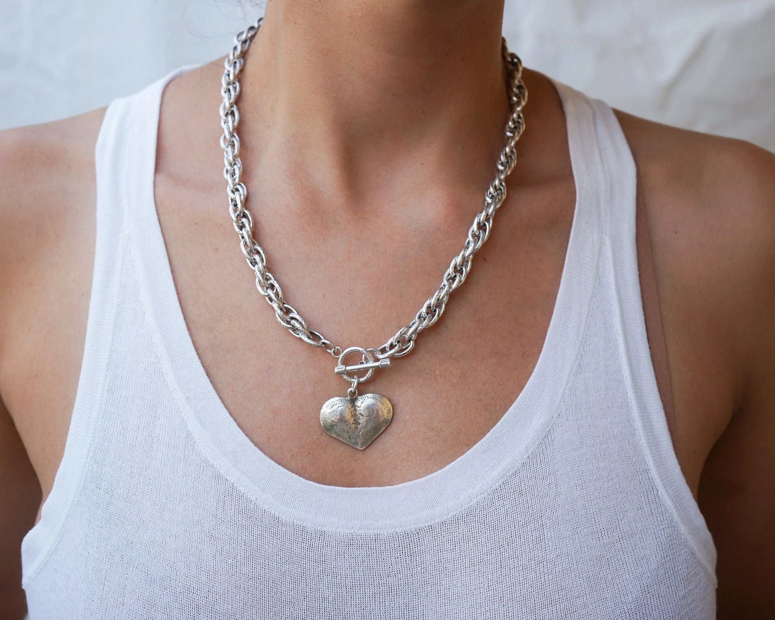 Silver Statement Necklace with Front Toggle Clasp  Engraved Heart Pendant