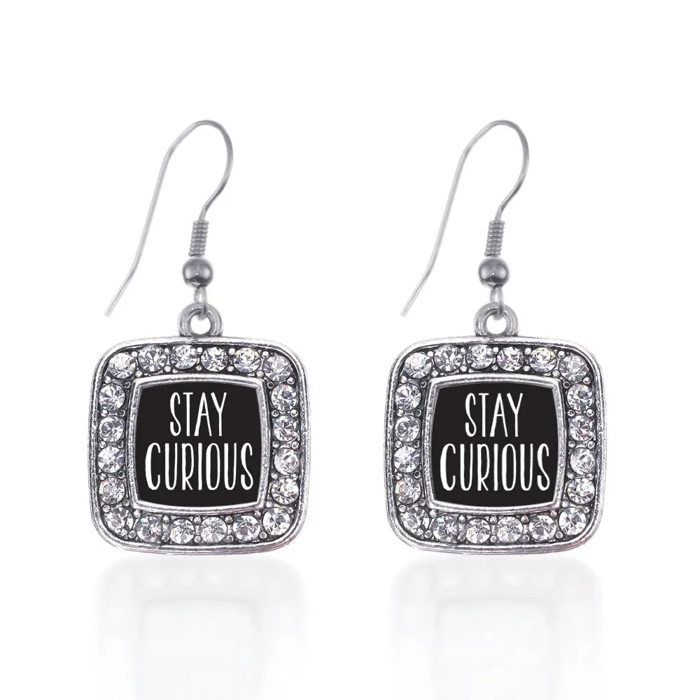 Silver Stay Curious Square Charm Dangle Earrings