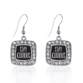 Silver Stay Curious Square Charm Dangle Earrings