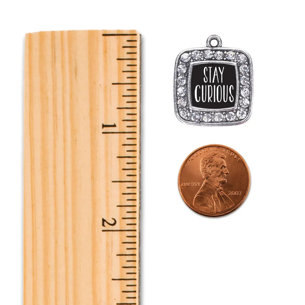 Silver Stay Curious Square Charm Dangle Earrings