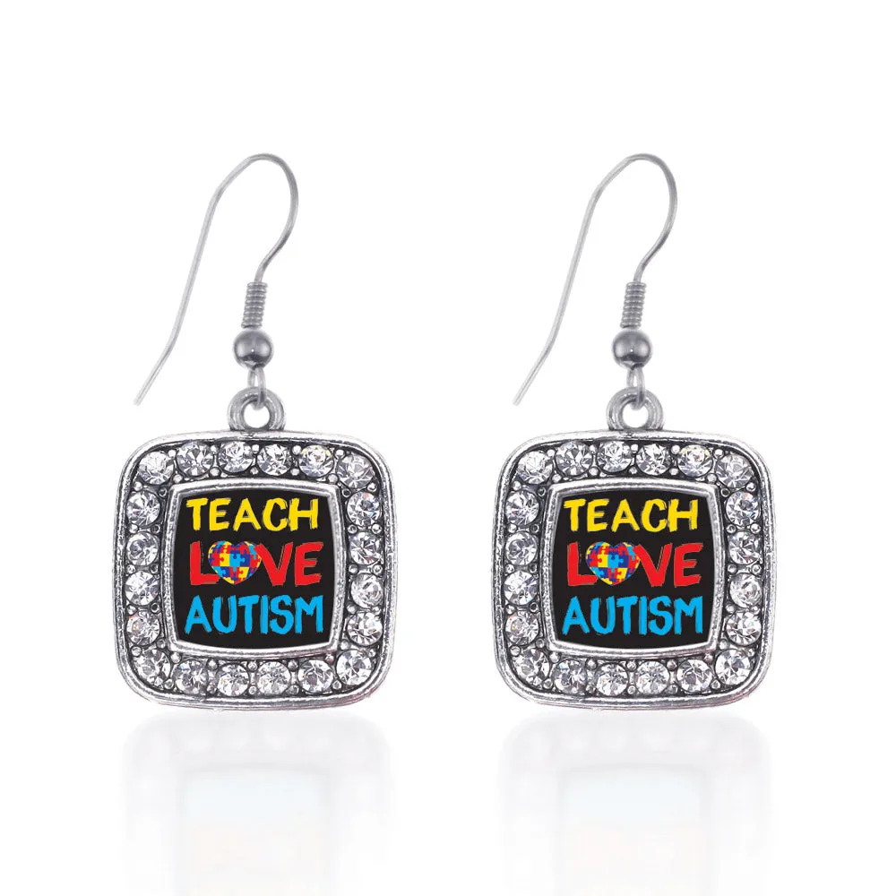 Silver Teach Love Autism Awareness Square Charm Dangle Earrings