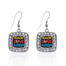 Silver Teach Love Autism Awareness Square Charm Dangle Earrings