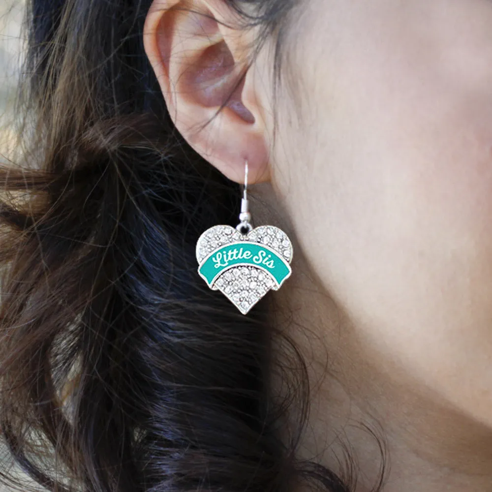 Silver Teal Little Sister Pave Heart Charm Dangle Earrings