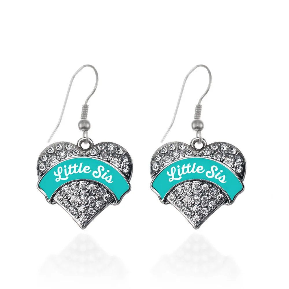Silver Teal Little Sister Pave Heart Charm Dangle Earrings