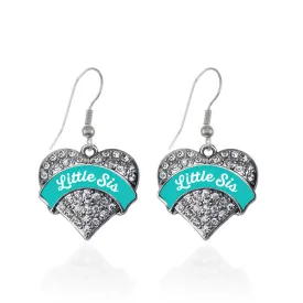 Silver Teal Little Sister Pave Heart Charm Dangle Earrings