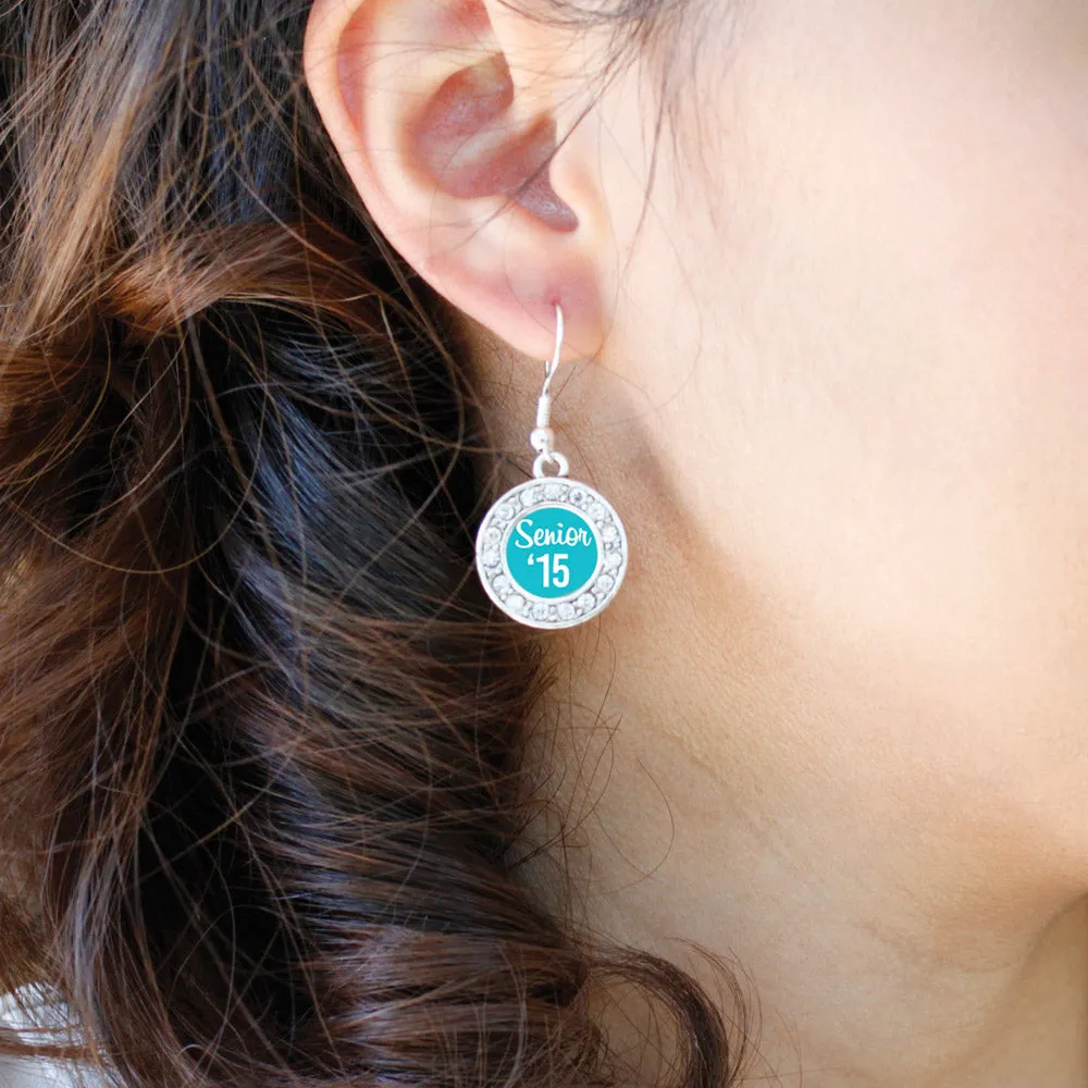 Silver Teal Senior '15 Circle Charm Dangle Earrings
