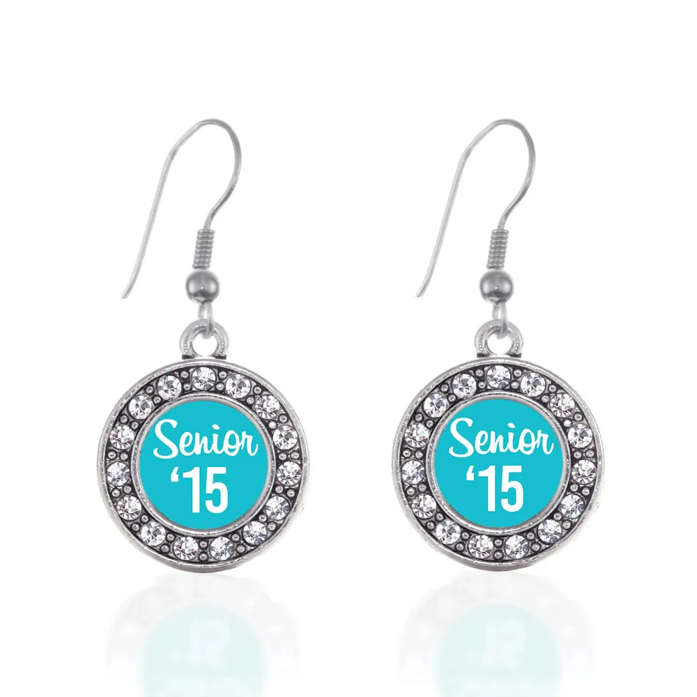 Silver Teal Senior '15 Circle Charm Dangle Earrings