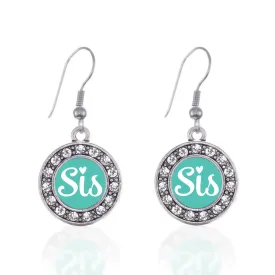 Silver Teal Sis Circle Charm Dangle Earrings