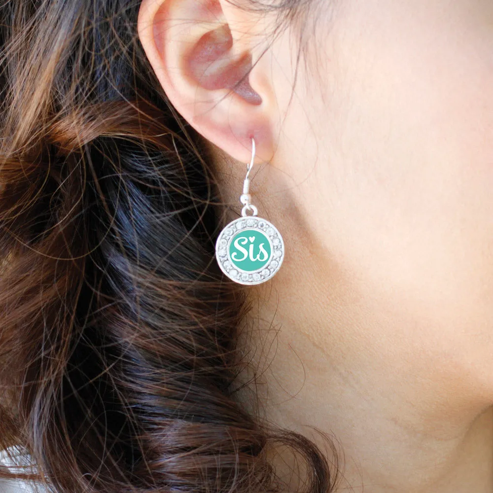 Silver Teal Sis Circle Charm Dangle Earrings