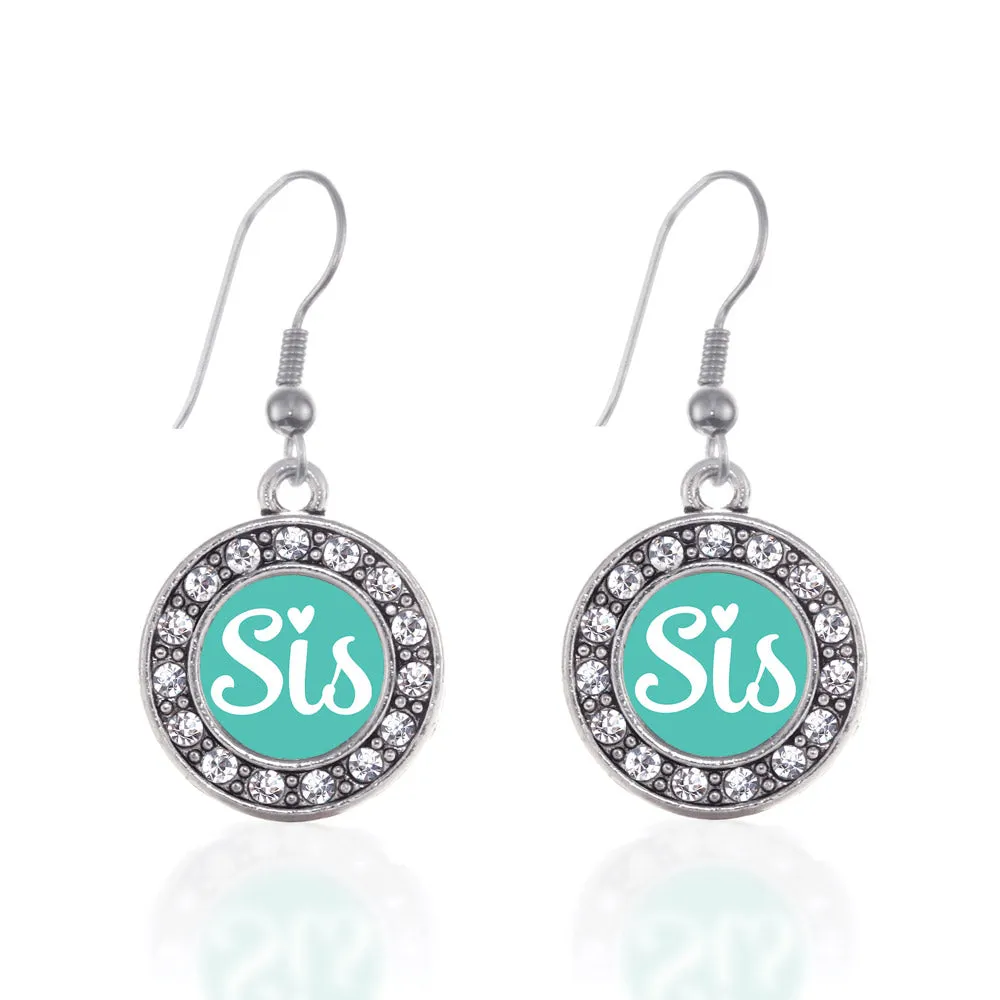 Silver Teal Sis Circle Charm Dangle Earrings