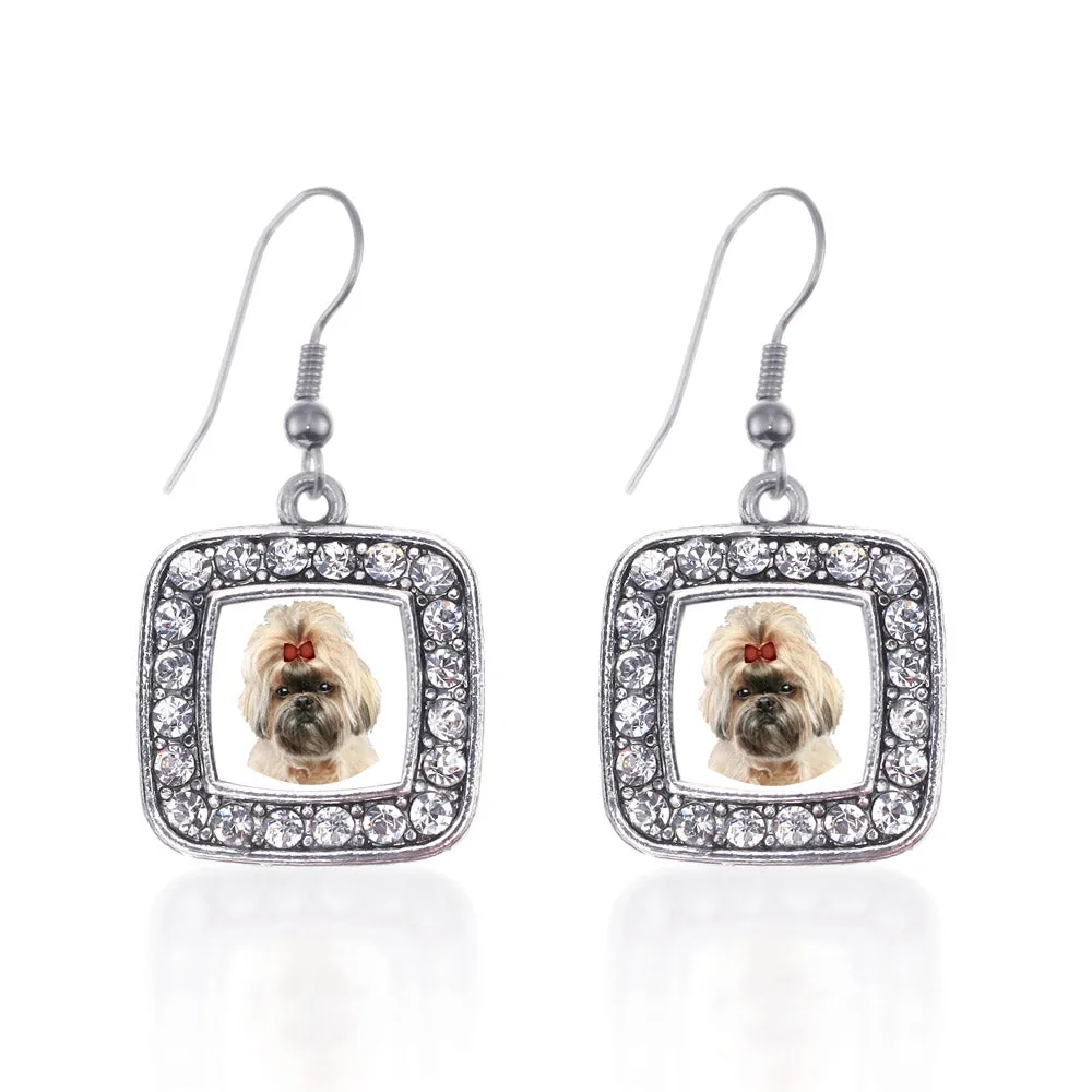 Silver The Shih Tzu Square Charm Dangle Earrings