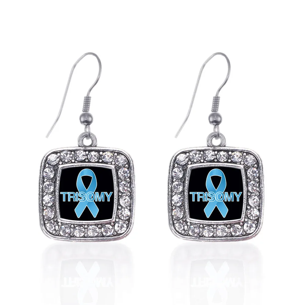 Silver Trisomy Awareness Square Charm Dangle Earrings
