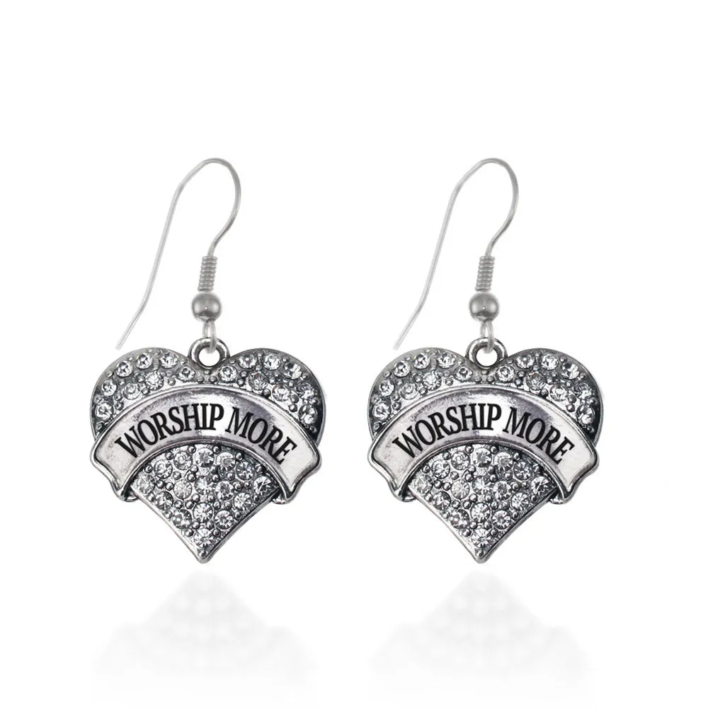 Silver Worship More Pave Heart Charm Dangle Earrings