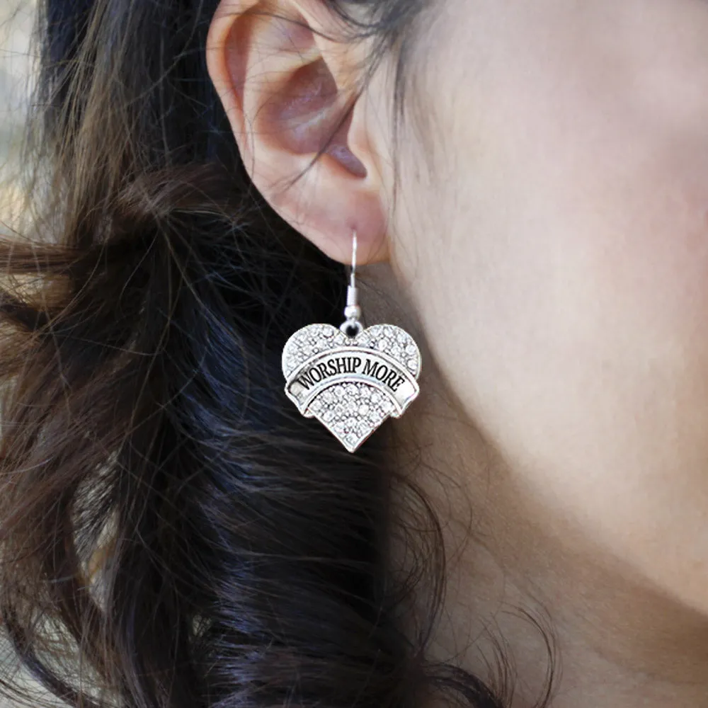 Silver Worship More Pave Heart Charm Dangle Earrings
