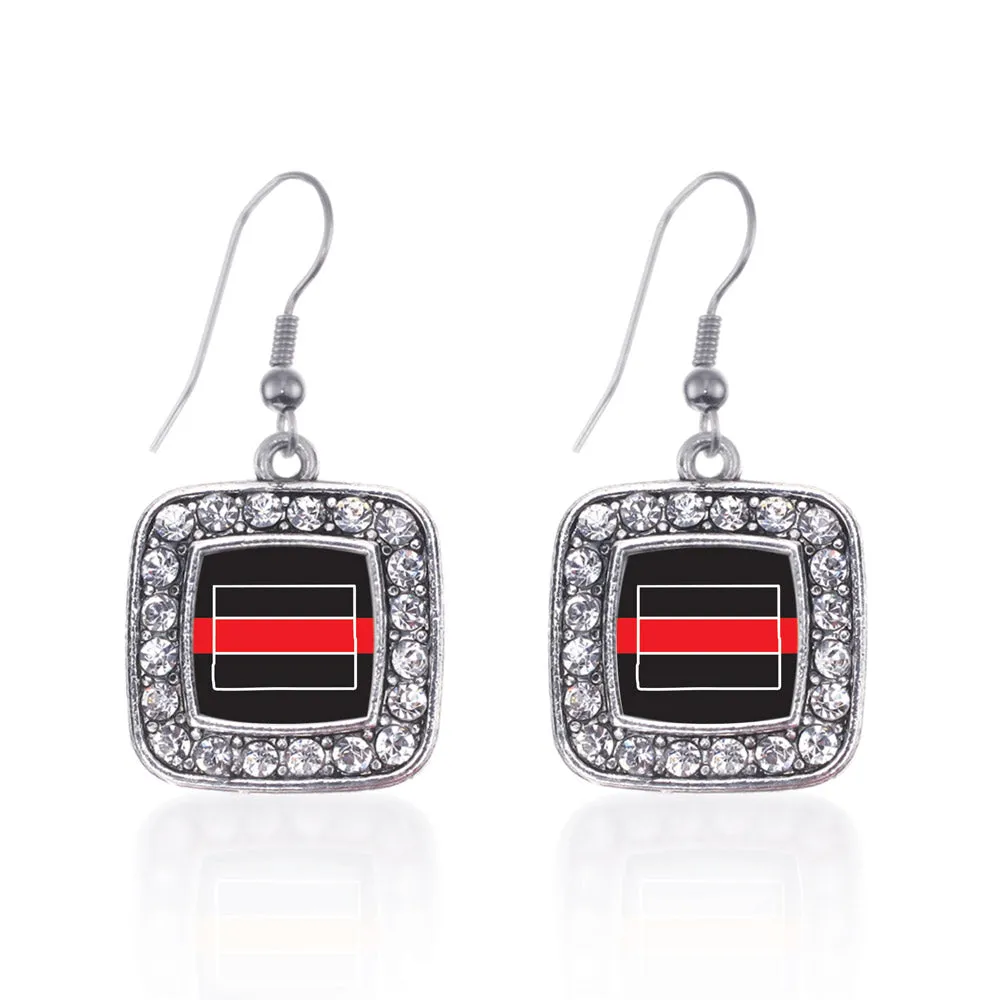 Silver Wyoming Thin Red Line Square Charm Dangle Earrings