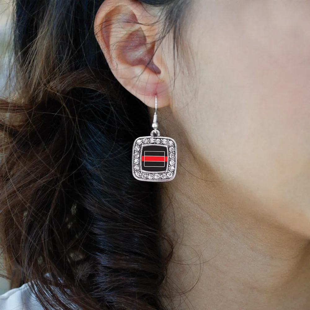Silver Wyoming Thin Red Line Square Charm Dangle Earrings