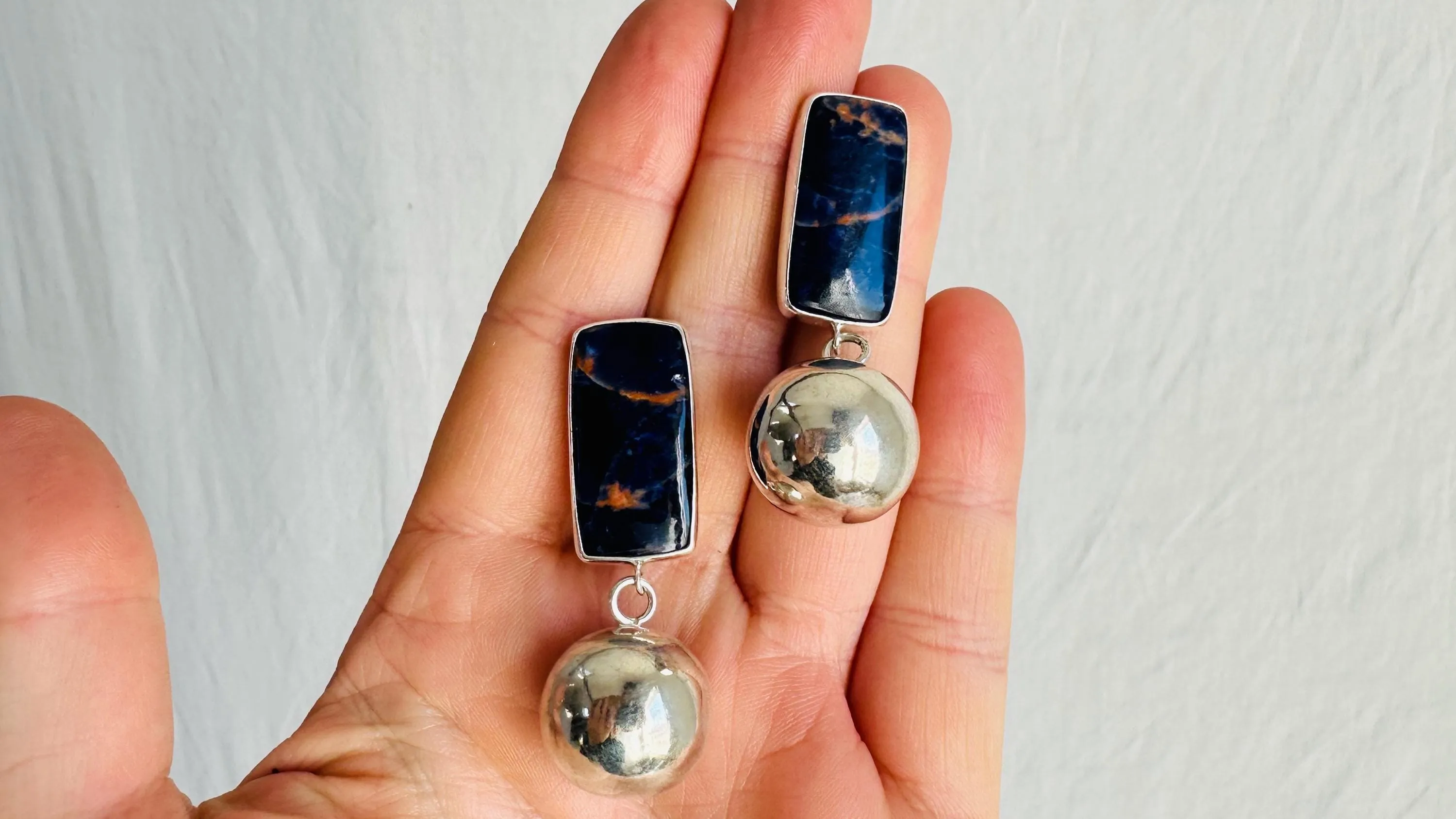 Sodalite and Silver Sphere Earrings. Handmade Designer Sterling Jewelry. 2709