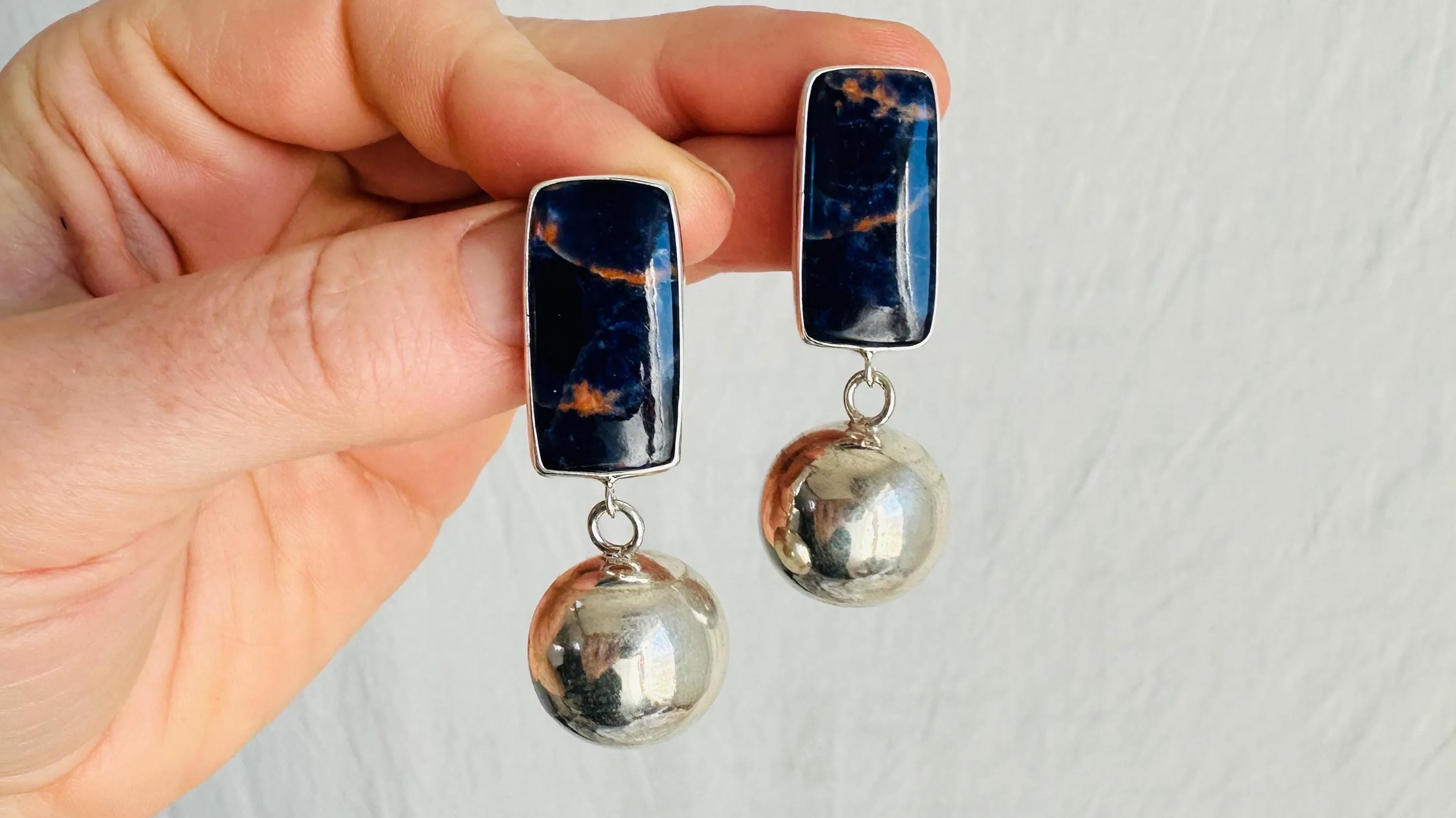 Sodalite and Silver Sphere Earrings. Handmade Designer Sterling Jewelry. 2709