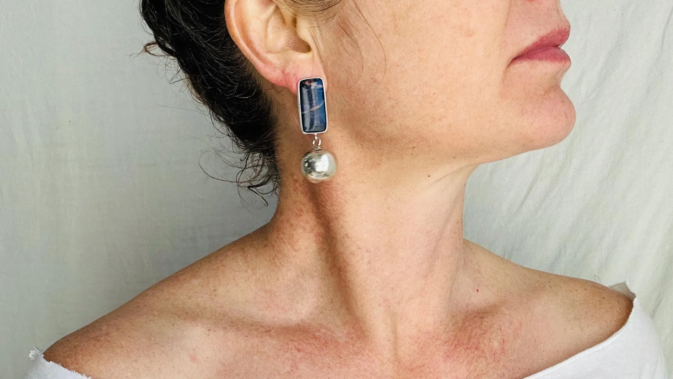 Sodalite and Silver Sphere Earrings. Handmade Designer Sterling Jewelry. 2709