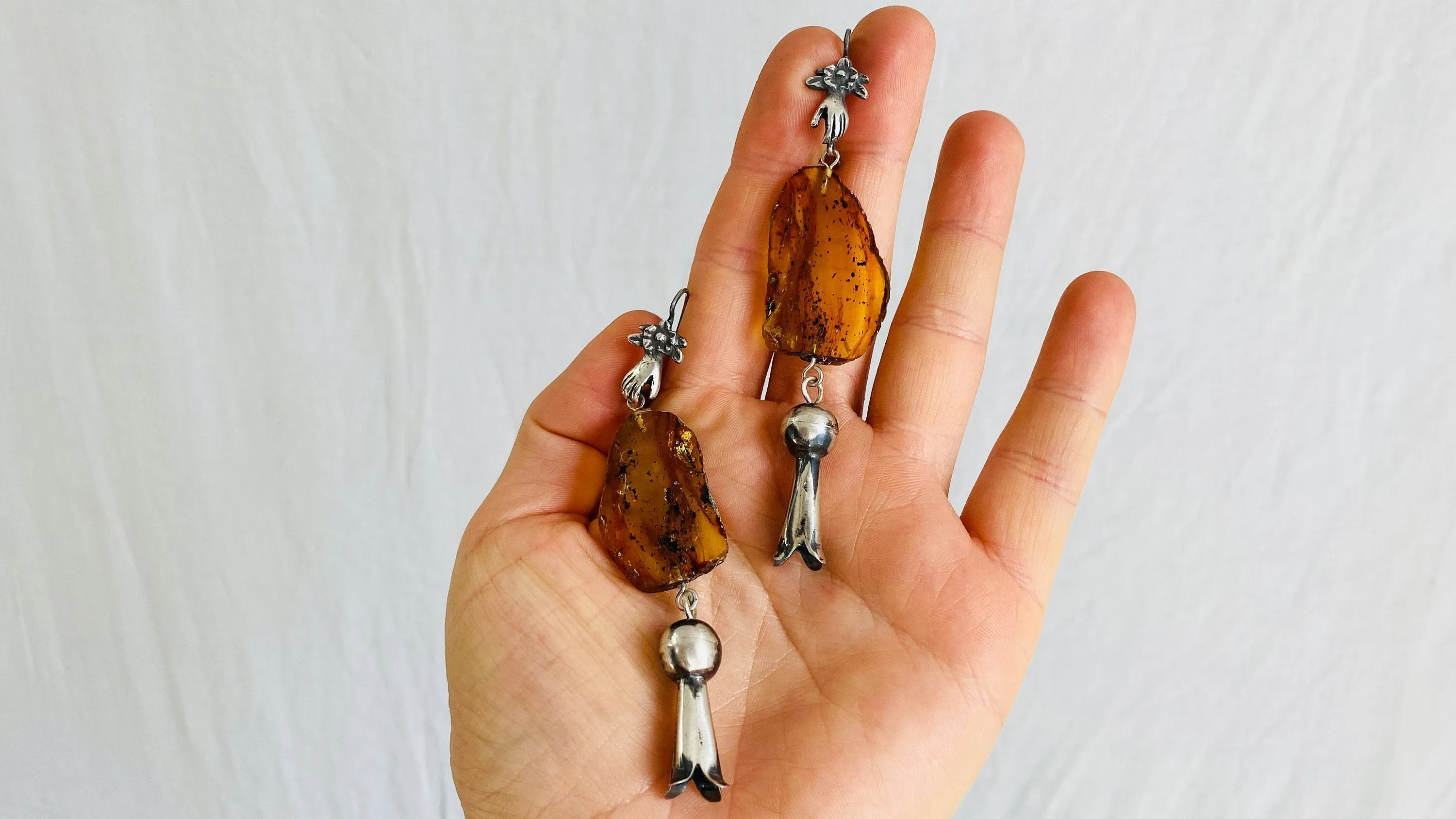 Squash Blossom Amber & Sterling Silver Earrings.