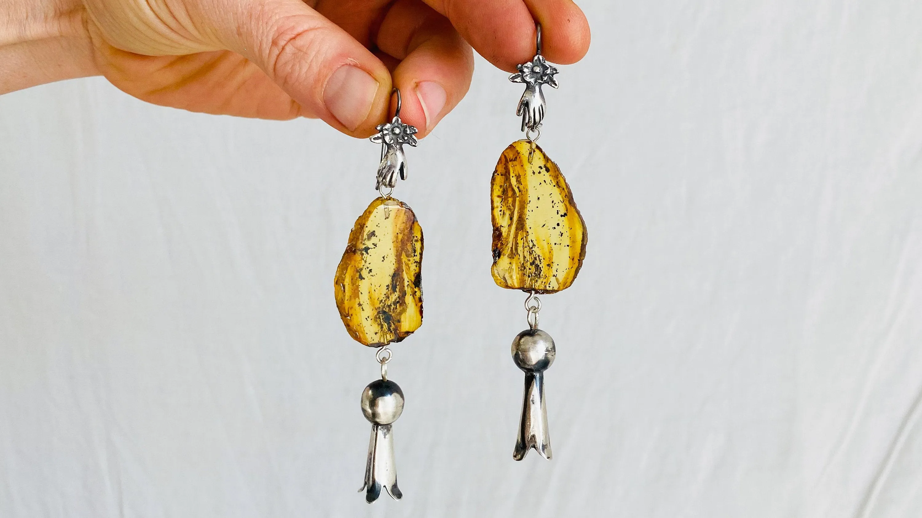 Squash Blossom Amber & Sterling Silver Earrings.