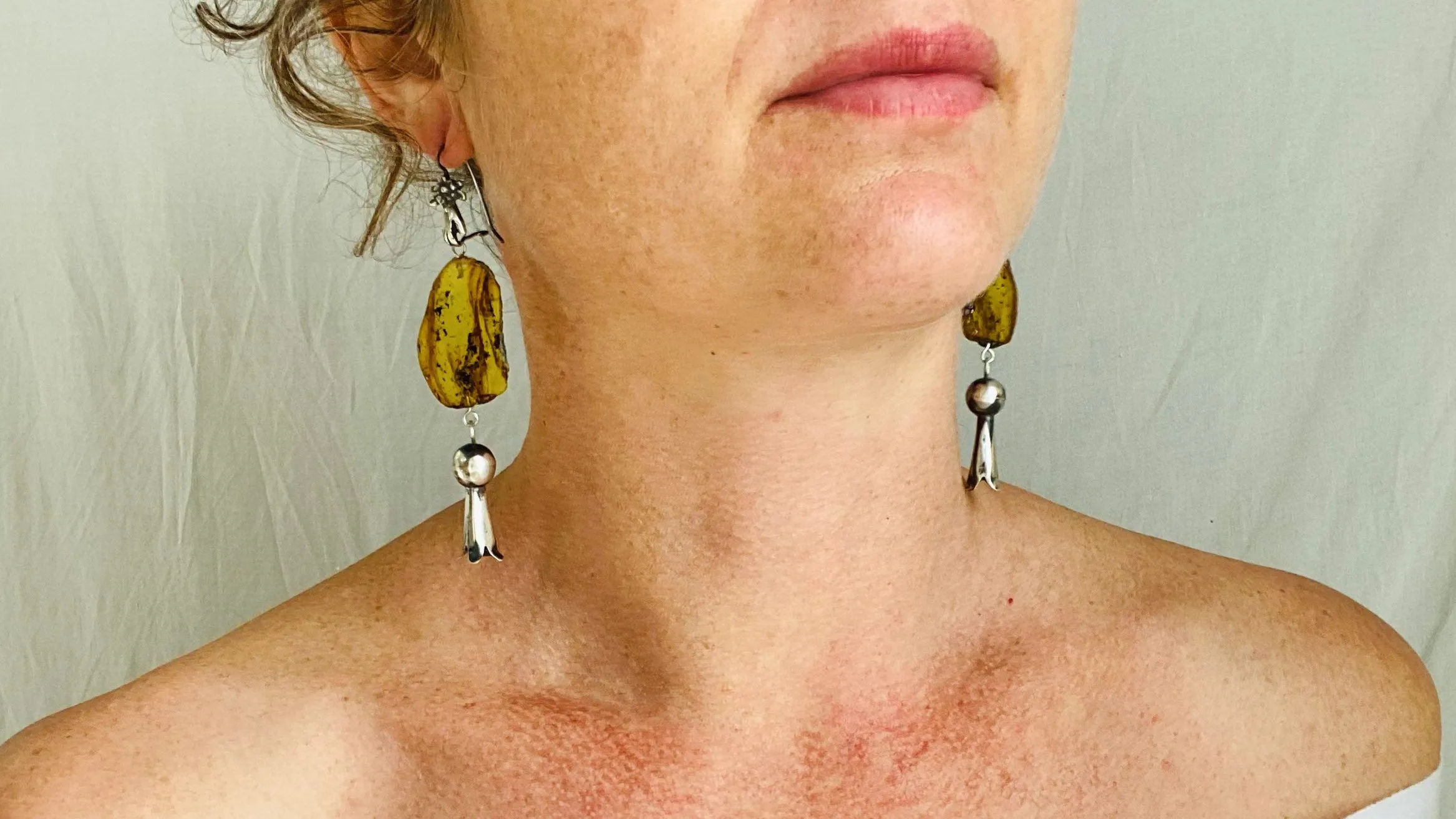 Squash Blossom Amber & Sterling Silver Earrings.