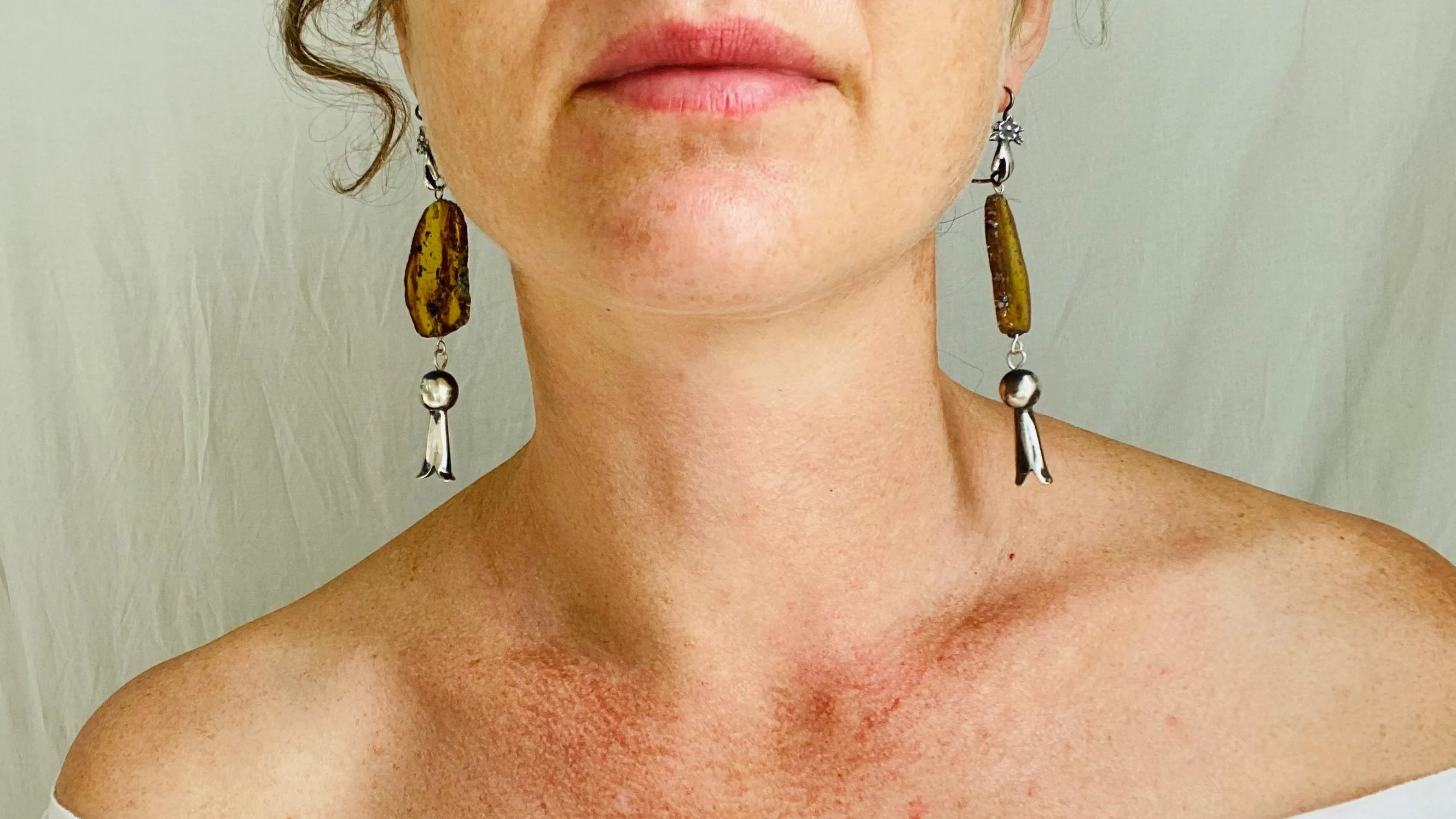 Squash Blossom Amber & Sterling Silver Earrings.