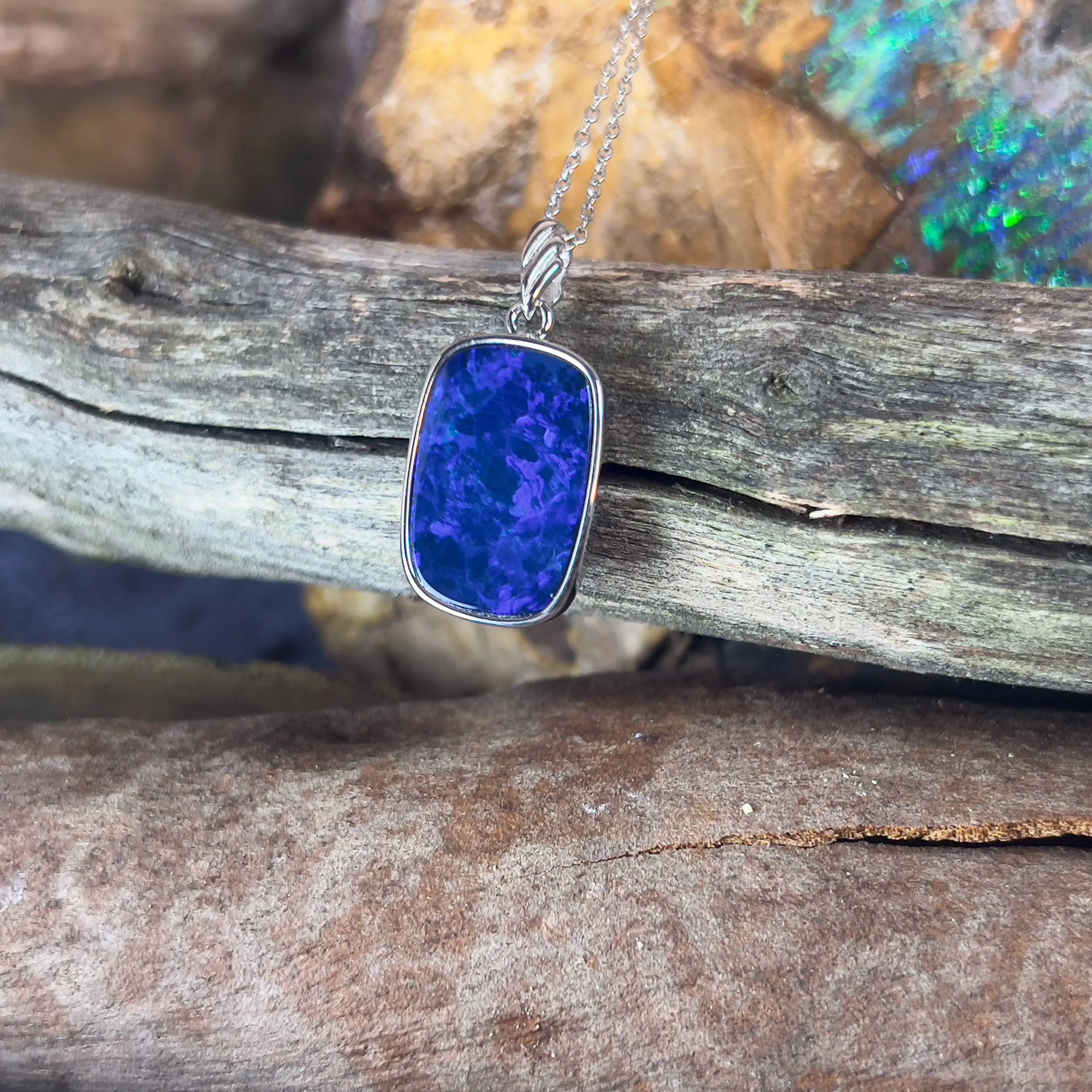Sterling Silver Blue Opal doublet rectangular pendant