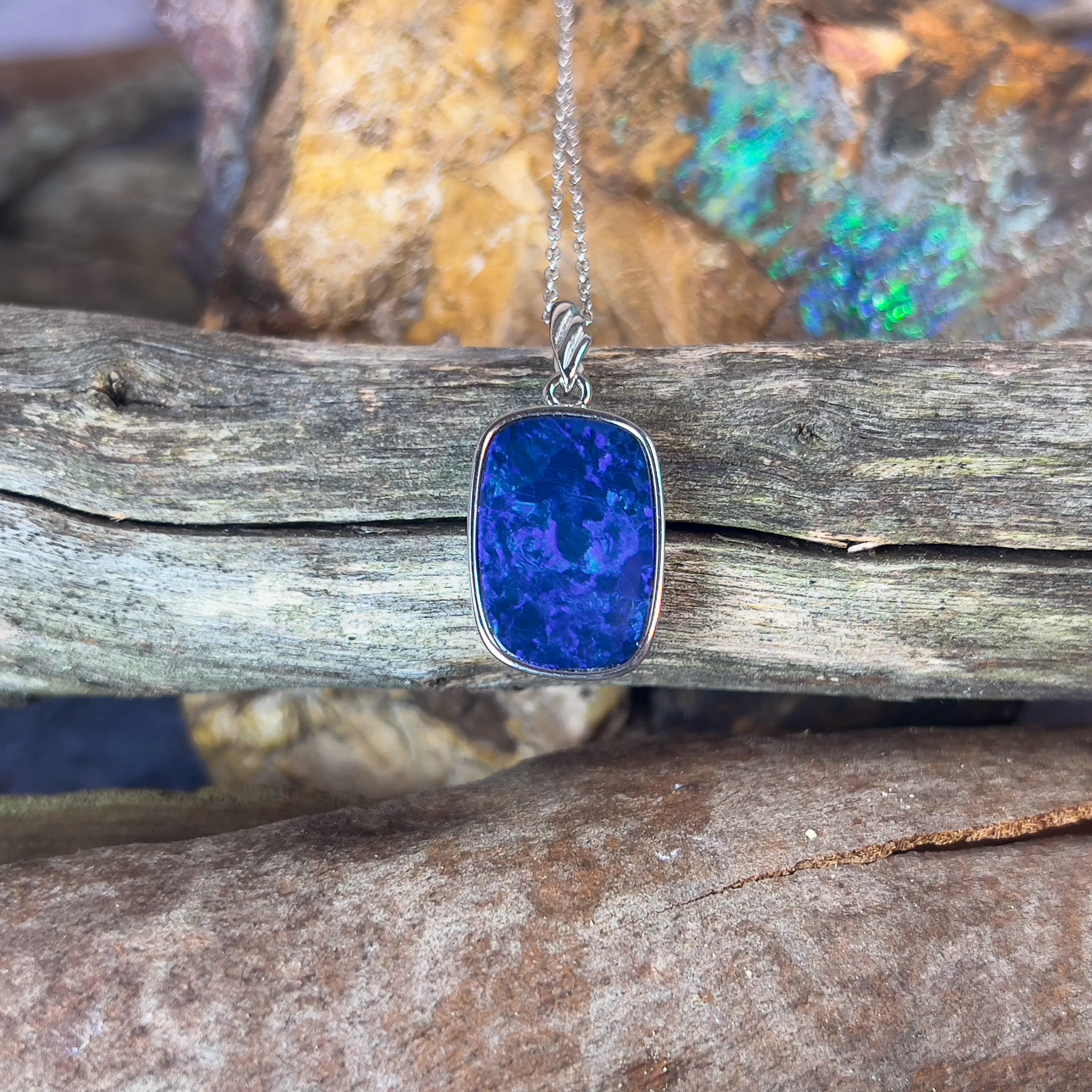 Sterling Silver Blue Opal doublet rectangular pendant