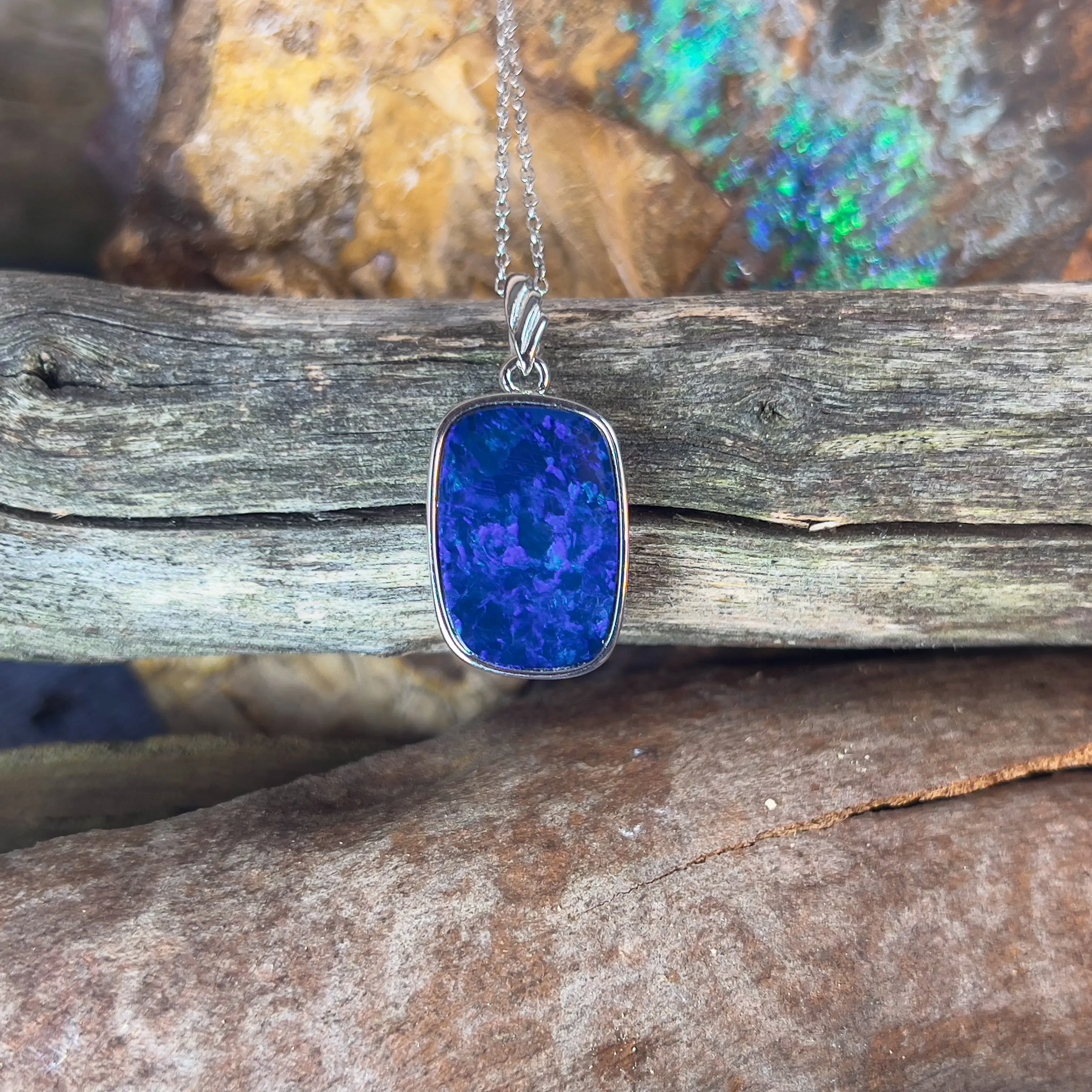Sterling Silver Blue Opal doublet rectangular pendant